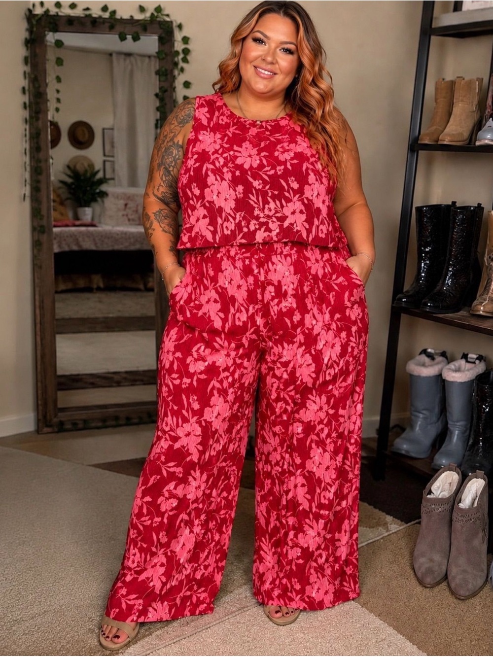I Believe Red Floral Tank and Pant Set